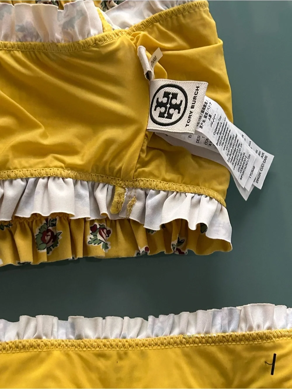 NWT Tory Burch Costa Floral Bikini Set New yellow ruffle XS or Small blue flower